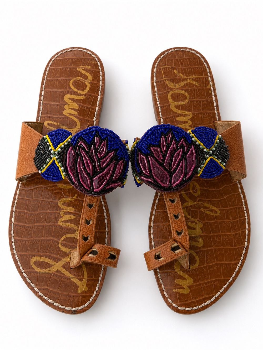 Sam Edelman Brown Leather Beaded Thong Sandals | Boho Y2K Resort Statement 7.5